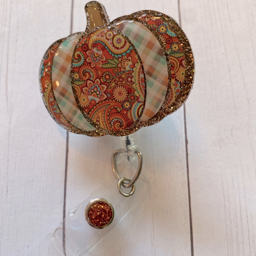 Handmade Paisley Plaid Pumpkin Badge Reel